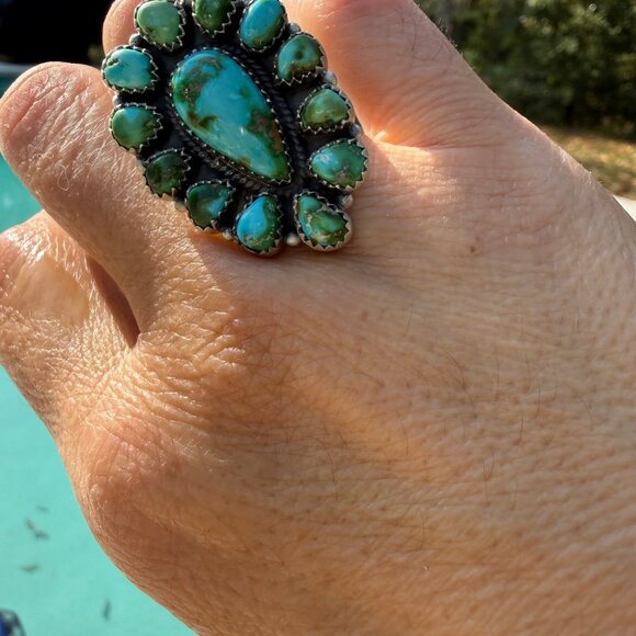 Artisan Sonoran Mountain Turquoise Sterling Silver Cluster Statement Ring Adjust - Picture 11 of 12